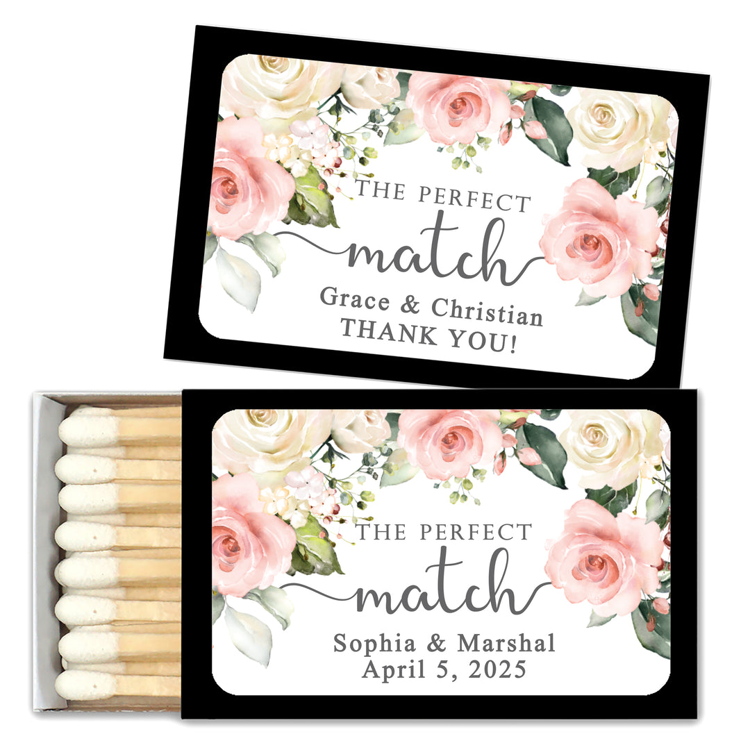 Wedding Favor Matches, Pink and White Floral (Set of 50)