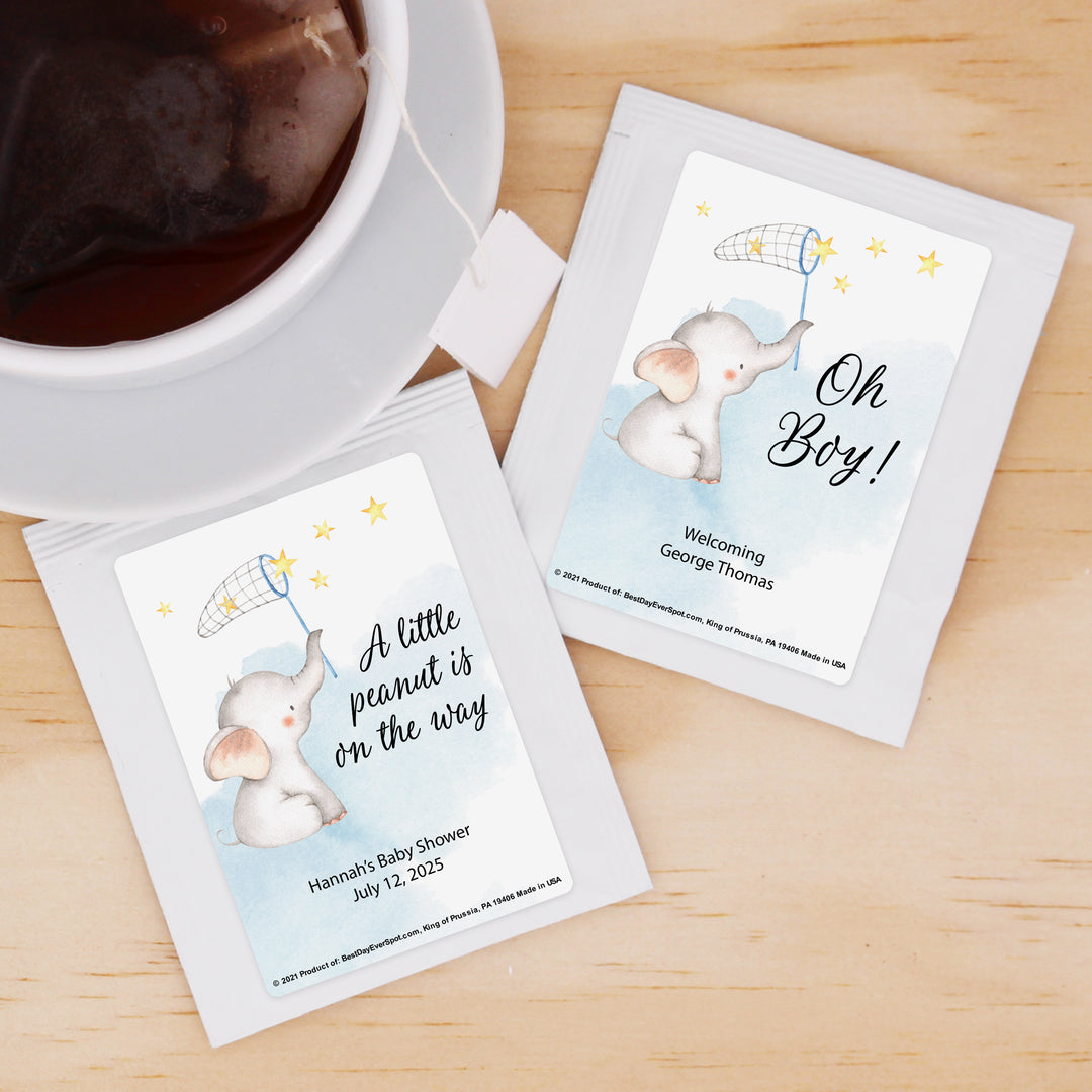 Baby Shower Personalized Tea Bags, Baby Boy Elephant