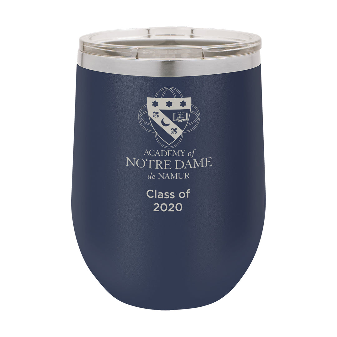 ND 12 oz. Personalized Navy Blue Stemless Insulated Tumbler with Clear Lid
