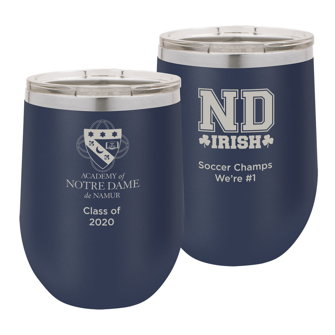 ND 12 oz. Personalized Navy Blue Stemless Insulated Tumbler with Clear Lid