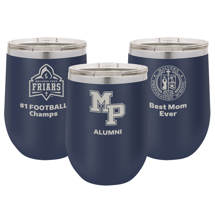 Malvern Prep 12 oz. Personalized Navy Blue Stemless Insulated Tumbler with Clear Lid
