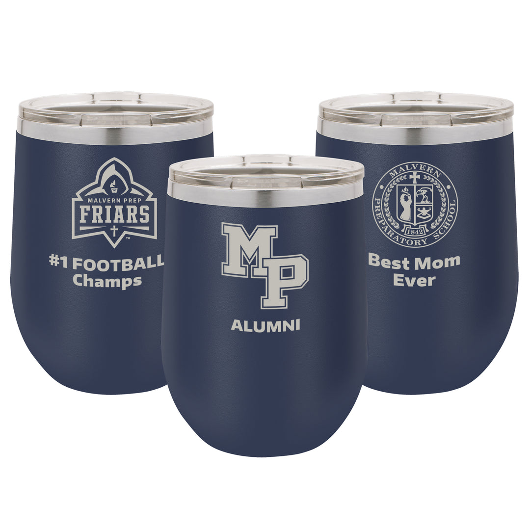 Malvern Prep 12 oz. Personalized Navy Blue Stemless Insulated Tumbler with Clear Lid