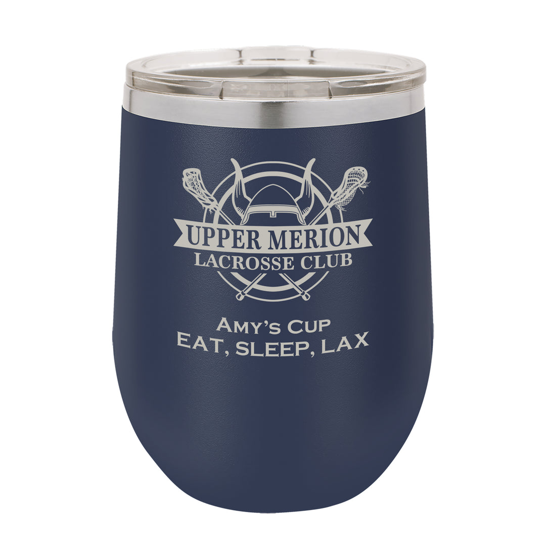 UM Lacrosse Custom 12 oz. Navy Blue Stemless Insulated Tumbler with Clear Lid